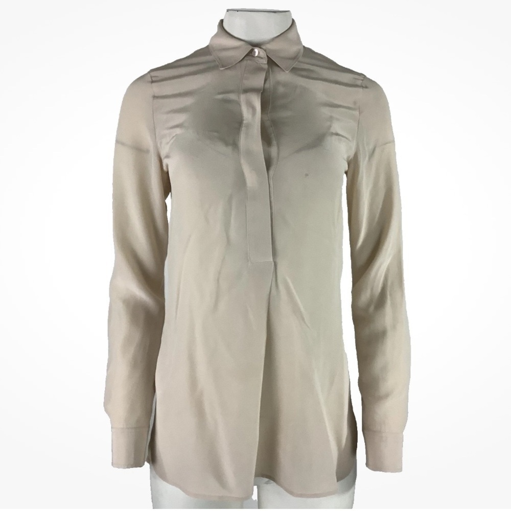 Vince Sz 4 100% Silk Half Placket Long Sleeve Business Blouse In Faint Pink